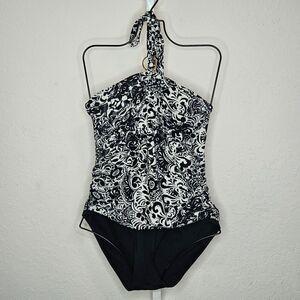 Lauren Ralph‎ Lauren Black White Floral Halter One-Piece Swimsuit Size 16